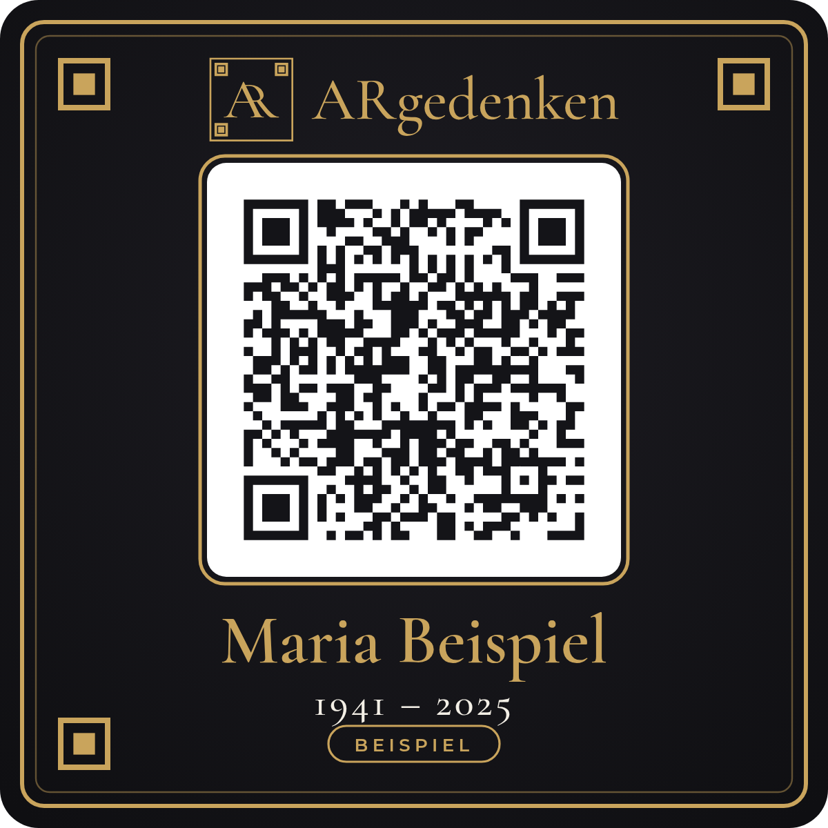 Beispiel-Plakette für Maria Beispiel mit QR-Code zur AR-Demo
